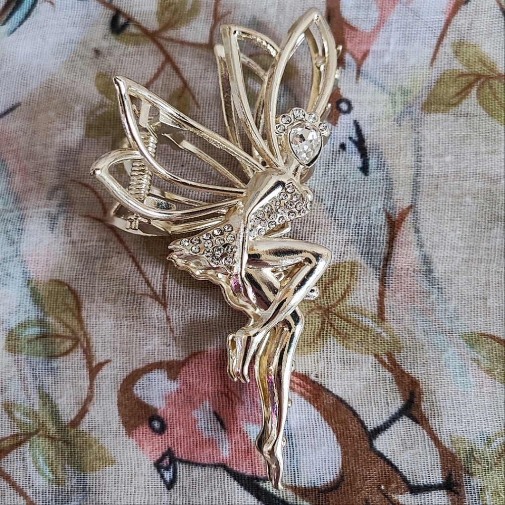 Tinkerbell Fairy Metal Hair Clamper Clip Hair Jewelry Gold Tone Claw Rhinestones
